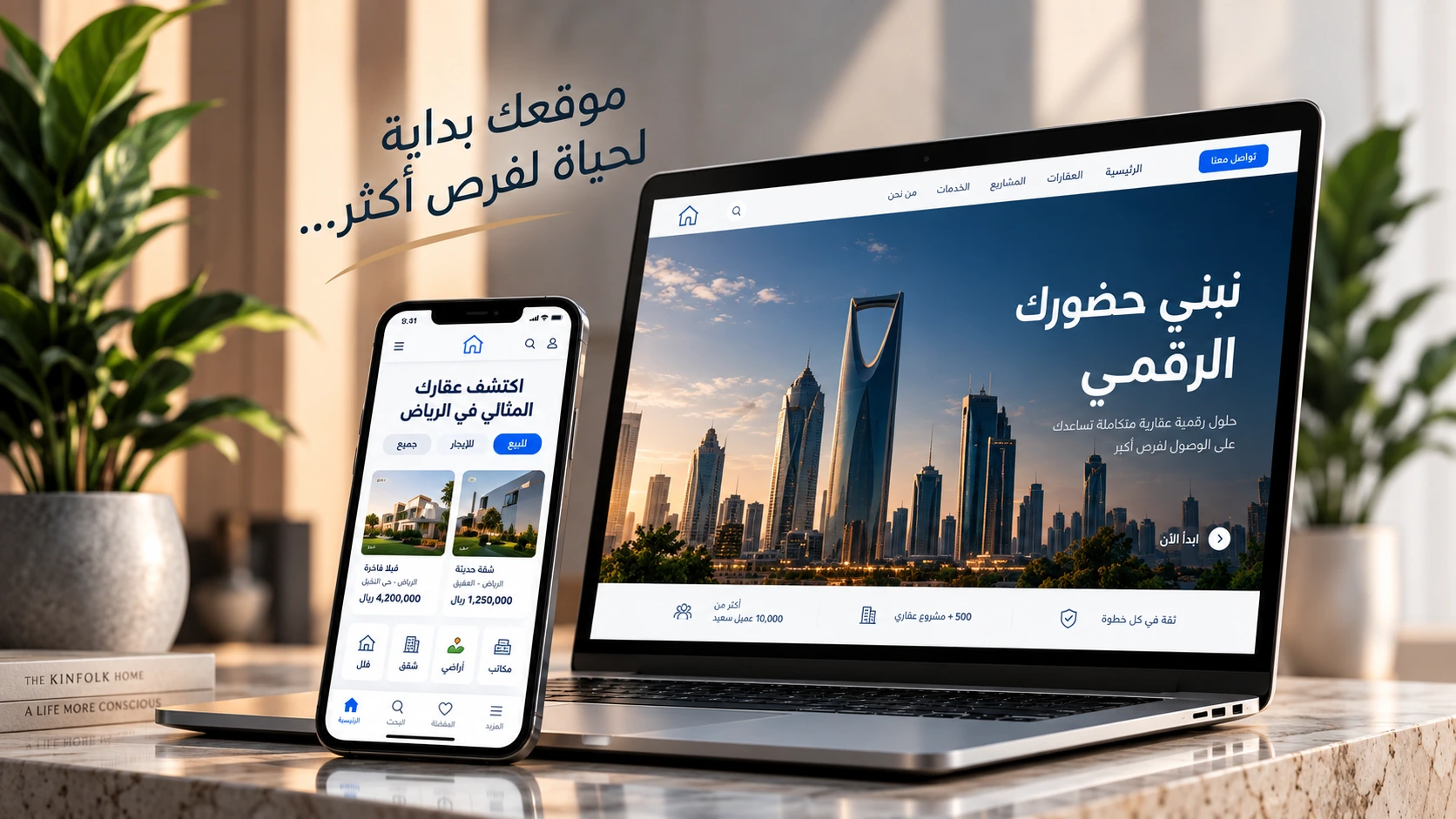 موقع إلكتروني معروض على حاسوب وهاتف في مكتب مضيء