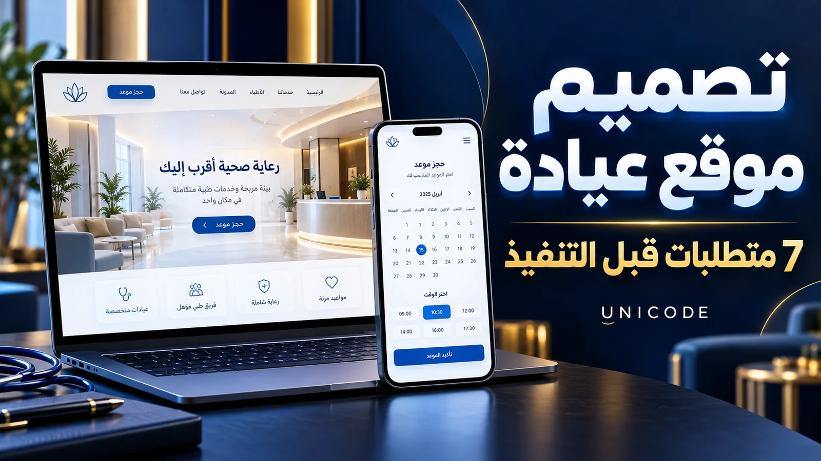 تصميم موقع عيادة: واجهة خدمات ونموذج طلب موعد على اللابتوب والهاتف