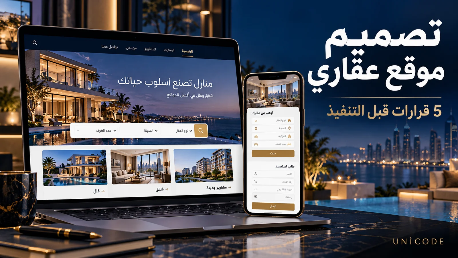 تصميم موقع عقاري مع إعلانات وفلاتر بحث ونموذج استفسار على الهاتف