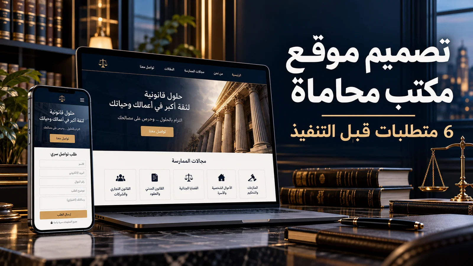 تصميم موقع مكتب محاماة يعرض مجالات الممارسة ونموذج طلب تواصل