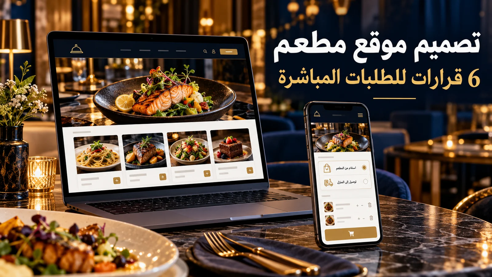 تصميم موقع مطعم مع قائمة طعام وسلة طلب واختيار الاستلام أو التوصيل