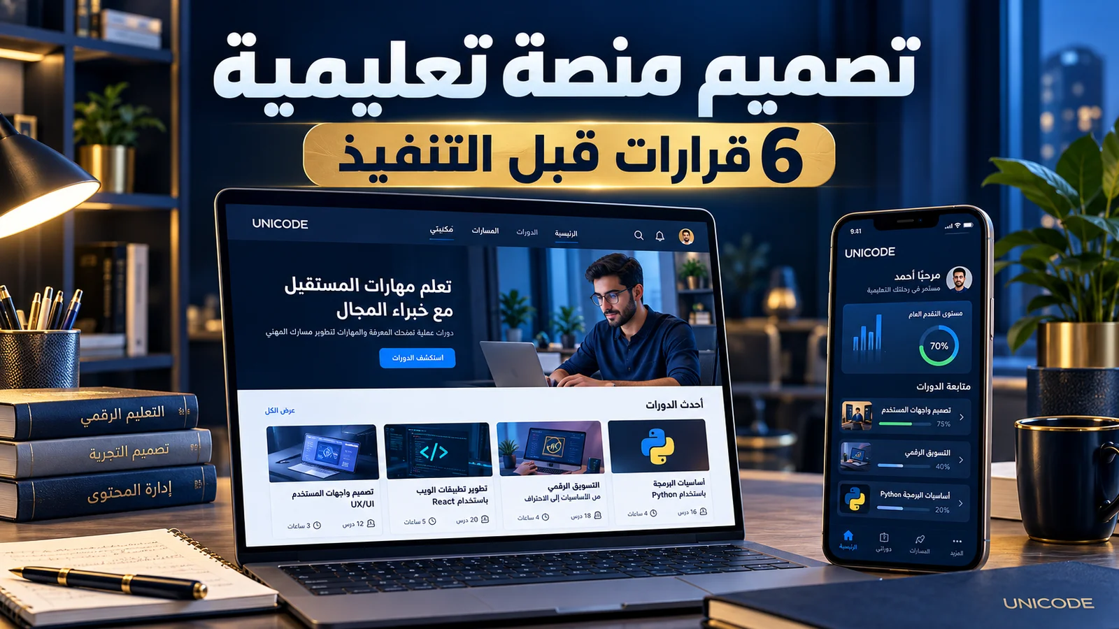 تصميم منصة تعليمية مع قائمة دورات ولوحة متابعة تعلم على الهاتف