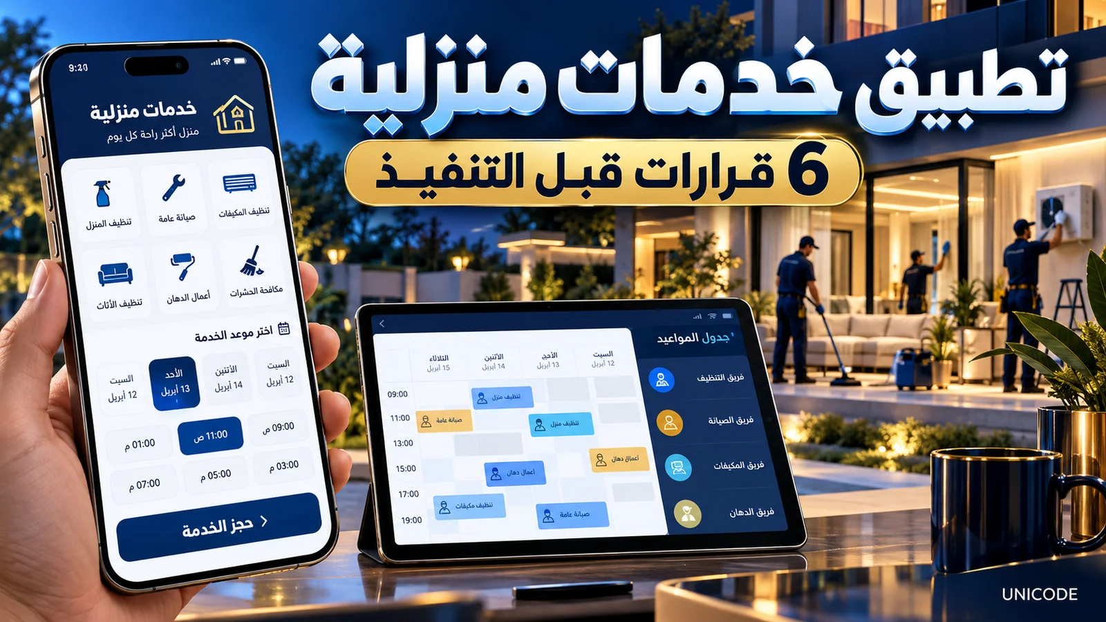 برمجة تطبيق خدمات منزلية مع طلب خدمة وجدول توزيع مواعيد الفنيين